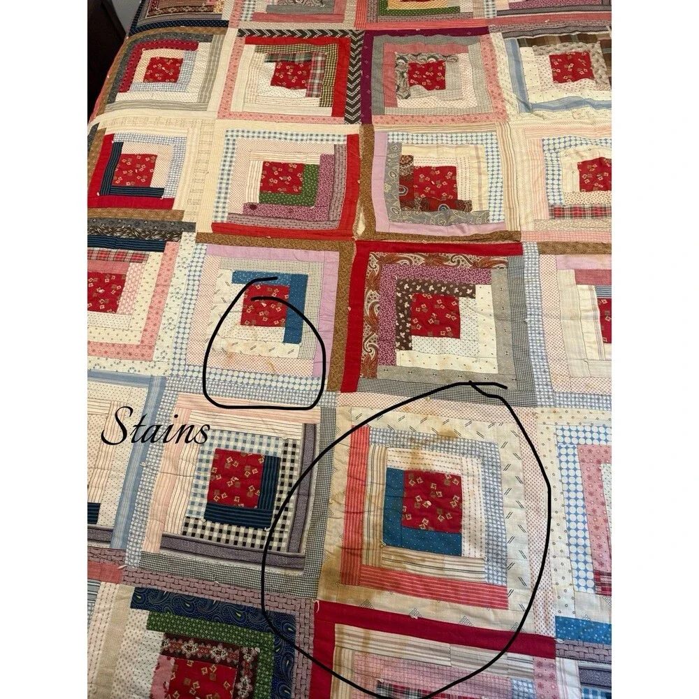 Antique Log Cabin Style Quilt Queen Size 82” X 74” Reversible Red Cream Boxes